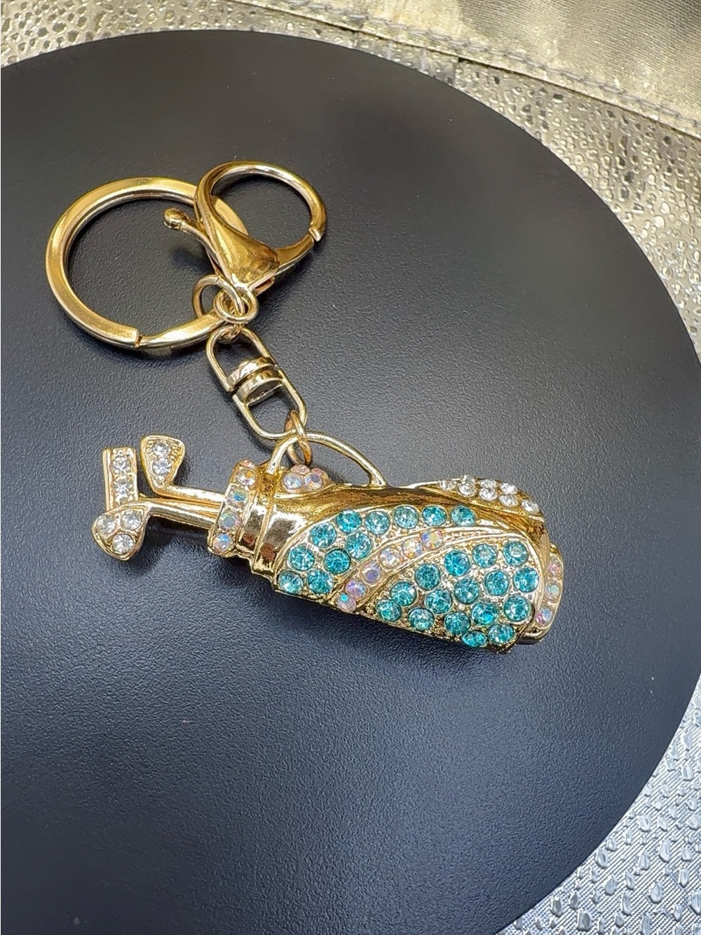 Gold-Tone Teal Crystal Golf Bag Keychain